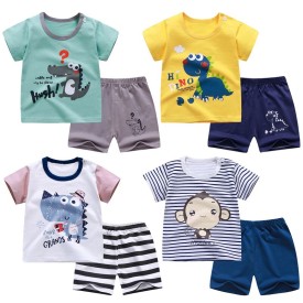 Wholesale cotton cartoon home wear kids clothing Plain kids jogging suit summer Kids pajama short sleeve suit